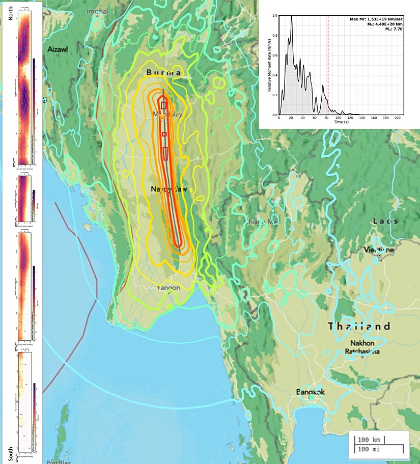 Depremin fay kırığı, eşşiddet haritası, faydaki kayma miktarı, ve depremin kırılmasında meydana çıkan enerjinin zamana göre değişimi.