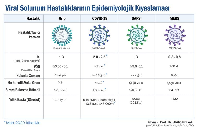 COVID-19 hastalığına sebep olan SARS-CoV-2 virüsünün diğer solunum yolu enfeksiyonlarına sebep olan virüslerle kıyaslaması