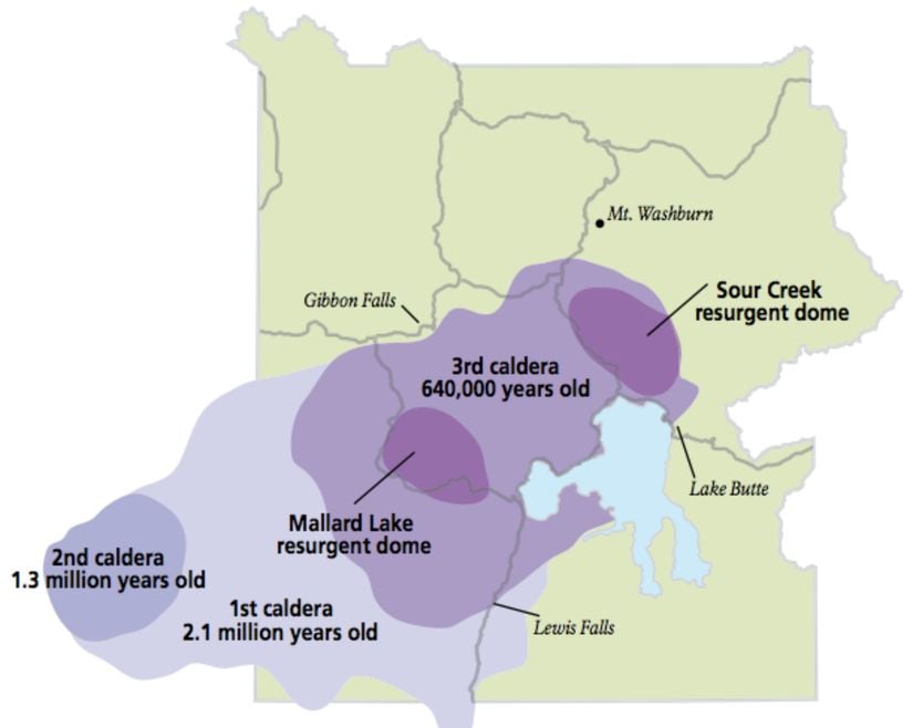 Yellowstone'daki 3 kalderanın ve yeniden dirilen 2 kubbenin yeri.