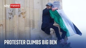 Protester Climbs Big Ben Holding Palestinian Flag