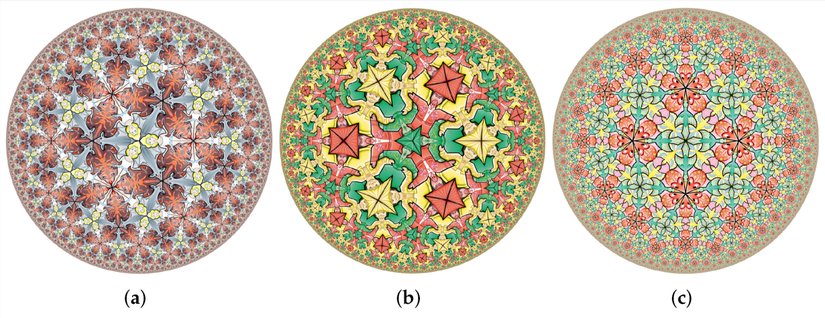 Penrose'un teorisini desteklemekte kullandığı, sınırlara doğru yaklaştıkça sonsuz kere kendini tekrarlayan Escher-benzeri çizimler.