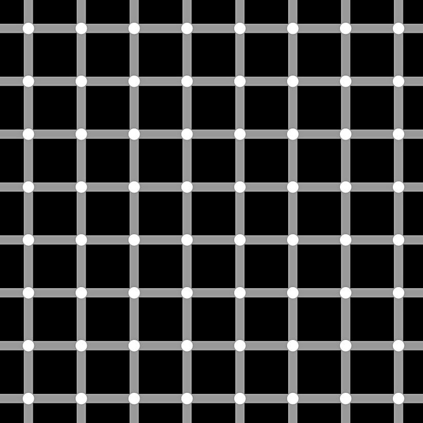 Parıltılı ızgara illüzyonu. Şekil, konum, renk ve 3D kontrast kesişme noktalarında siyah noktalar yanılsaması üretmek için birleşiyor.