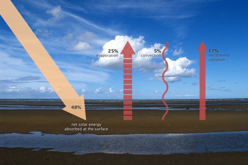 Yüzey, gelen güneş ışığının yaklaşık %48'ini emer. Üç süreç, Dünya yüzeyinden eşdeğer miktarda enerjiyi uzaklaştırır: buharlaşma (%25), konveksiyon (%5) ve termal kızılötesi radyasyon veya ısı (net %17)