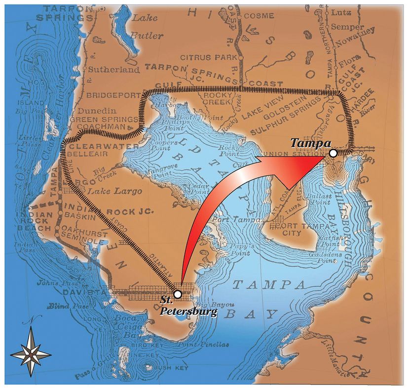 St. Petersburg ve Tampa, günümüz araçlarıyla çok yakın iki kent olsa da, zamanında aşılması zor bir körfezle birbirinden ayrılıyorlardı.