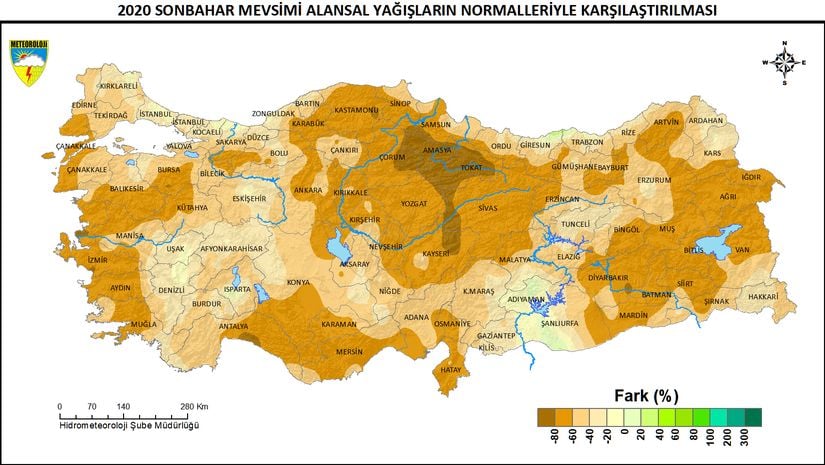 2020 Sonbahar Mevsimi Alansal Yağışların Normalleriyle Karşılaştırılması