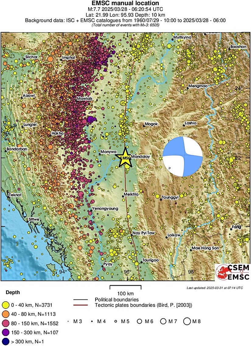 Bölgede geçmişte meydana gelmiş depremlerin haritası. 28 Mart depremi sarı yıldız ile gösterilmiş. Deprem fay mekanizması ise mavi ve beyaz renkli top ile.