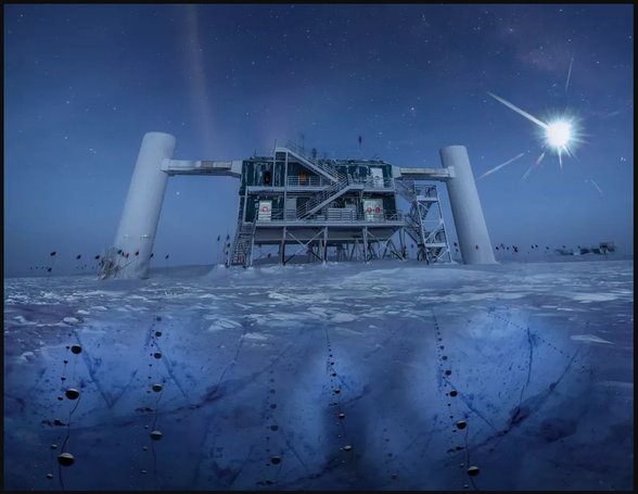 Güney Kutbu'ndaki IceCube laboratuvarının gerçek fotoğrafı üzerine yapılan bir illüstrasyon görüyoruz. İllüstrasyonda uzak bir kaynaktan gelen nötrinolar, buzun altındaki IceCube dedektörlerince saptanmış olarak resmedilmiştir.