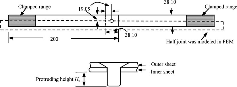 Tek havşa perçinli örnek bir bindirmeli bağlantı. (Değerler milimetre cinsindendir.)