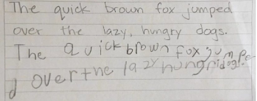 İlk iki satırda öğrenciden kopyalaması istenen yazı, son iki satırda ise öğrencinin spontane yazısı.