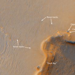 Mars Rover at Victoria Crater Imaged from Orbit