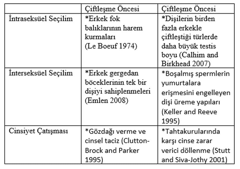 Tablo 1: Cinsel seçilimin nasıl ve ne zaman harekete geçtiğini gösteren bazı örnekler