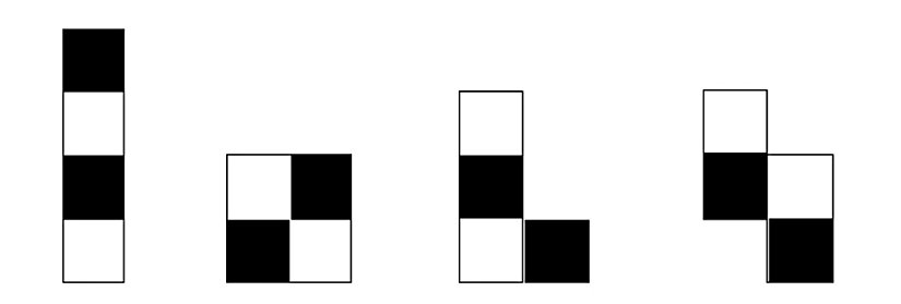 Kare, L ve eğik tetrominolar her zaman eşit siyah ve beyaz kareye sahip olacaktır.