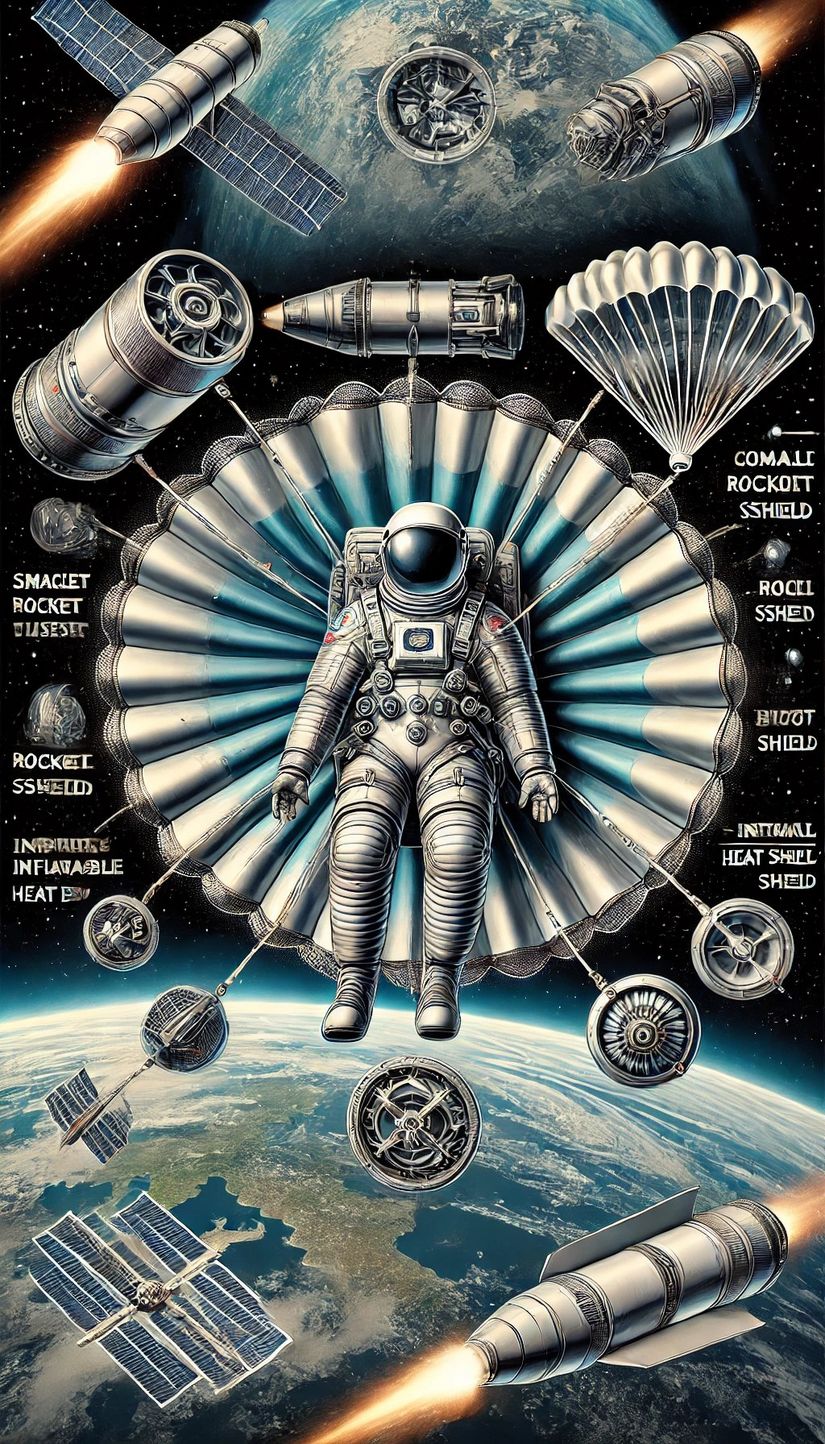 Gelişmiş bir kişisel yeniden giriş sistemi kullanarak yörüngeden Dünya'ya kontrollü bir iniş gerçekleştiren bir astronotun ayrıntılı bir çizimi. Astronot, yörünge hızını azaltmak ve yön kontrolü için kol ve bacaklarının etrafında küçük roket iticileri bulunan bir uzay giysisi giyiyor. Kompakt, şişirilebilir bir ısı kalkanı şimdi astronotun göğsüne takılı, önden dışarı doğru genişleyerek yeniden giriş ısısına karşı koruma sağlıyor. Yeniden girişten sonra ısı kalkanı ayrılıyor ve astronotun sırtındaki paraşüt açılıyor ve Dünya'ya paraşütle atlama tarzı bir iniş sağlıyor. Arka planda Dünya'nın eğriliği ve atmosfer katmanları görülebiliyor ve astronotun her katmandan inişini gösteriyor. Tasarım dinamik ve fütüristik olup bu yeniden giriş sisteminin işlevselliğini ve güvenliğini vurguluyor.