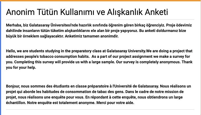 Anonim Tütün Kullanımı ve Alışkanlık Anketi