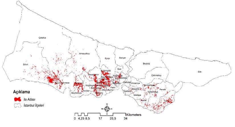 Isı Alanı Yoğunluğu İndeksine Göre İstanbul Isı Adası Dağılımı Haritası