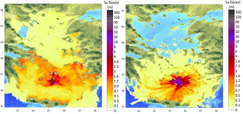 (solda) Santorini ve (sağda) Kolumbo volkanalarında bir patlama yaşanması durumunda oluşacak tsunami dalgalarının yükseklikleri