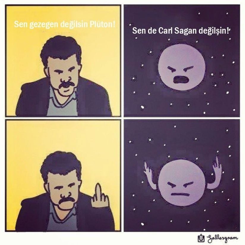 Plüton'un gezegenlikten çıkarılması popüler kültürde de kendine bolca yer buldu. Örneğin burada, Neil deGrasse Tyson ile Plüton arasındaki bir atışmayı görüyoruz.