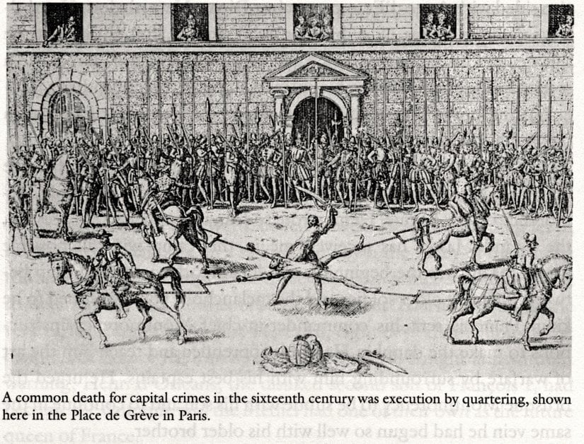 Robert-François Damiens'in kolları ve bacakları atlarla çekilerek koparılırken.