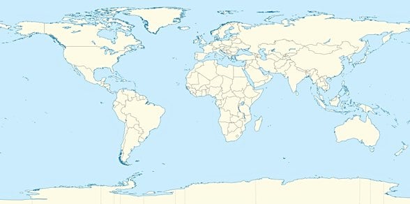 Avrupa'yı merkez alan 2 boyutlu standart bir Dünya haritası