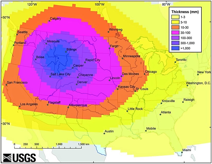 Bir ay sürecek bir Yellowstone süper püskürmesinden kaynaklanan külün olası dağılımına bir örnek.