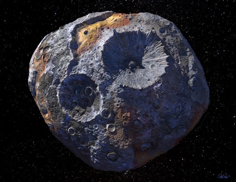 Bir sanatçının asteroit 16 Psyche konsept çizimi.