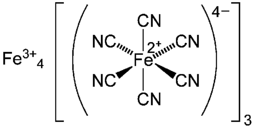 Kapalı formülü Fe4[Fe(CN)6]3 olan Prusya mavisinin gösterimi