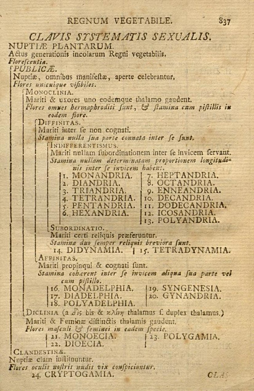 Systema Naturae'nin 1758'deki 10. baskısında yer alan bitkilerin sistematiğine ait bir sayfa.