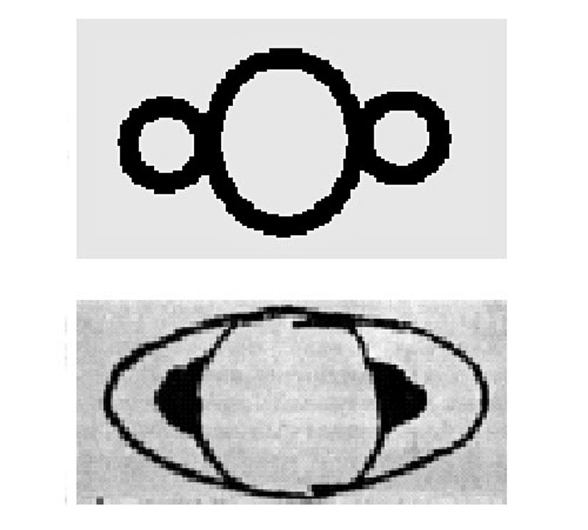 Üstteki çizim: Galileo'nun 1610'daki Satürn çizimi.   Alttaki çizim: Galileo'nun 1616'daki Satürn çizimi.
