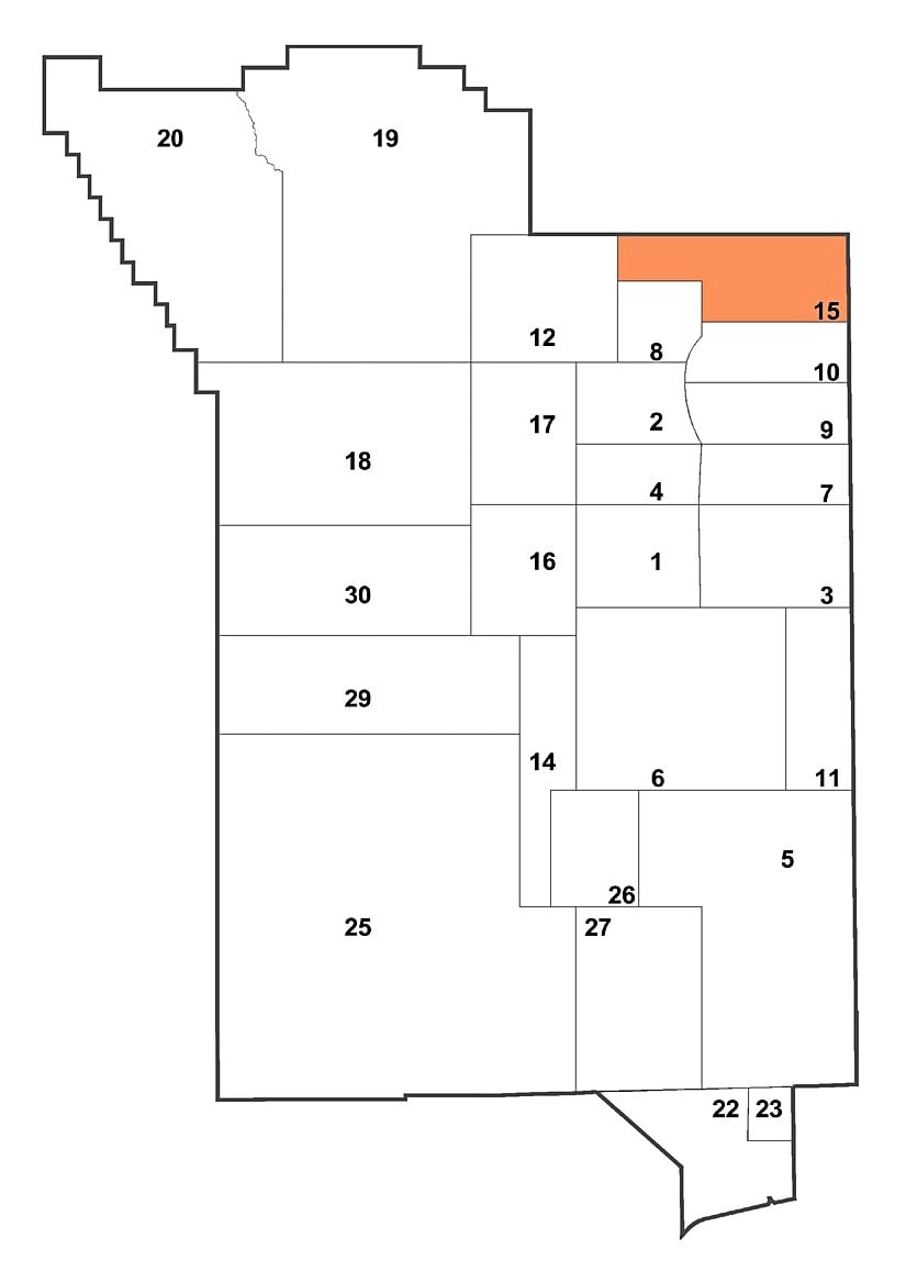 Parsellere ayrılan Nevada bölgesi. Sağ üst köşedeki işaretli kısım NTS 15. Bölgedir. 51. Bölge bu bölgenin hemen yanında yer almakta ve haritadaki 25. Bölgeden bile daha büyük görünmektedir.