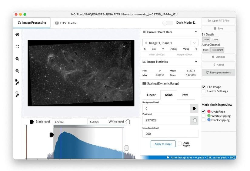 Bu görsel, Yaratılış Sütunları’nın ham siyah-beyaz görüntüsünü ve histogramı içeriyor, görüntü işleme ile karanlık pikseller aydınlatılarak detaylar ön plana çıkarılıyor.