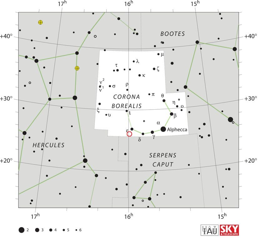 T Coronae Borealis, kırmızı yuvarlak ile gösterilen bölgededir.