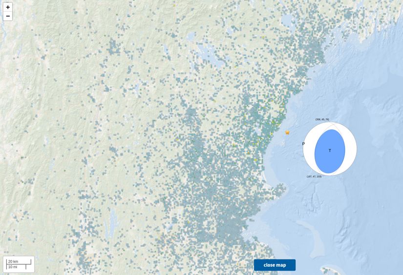 York Harbor depreminin merkez üssü ve USGS'e depremi hissettiğini belirten kişilerin konumları.