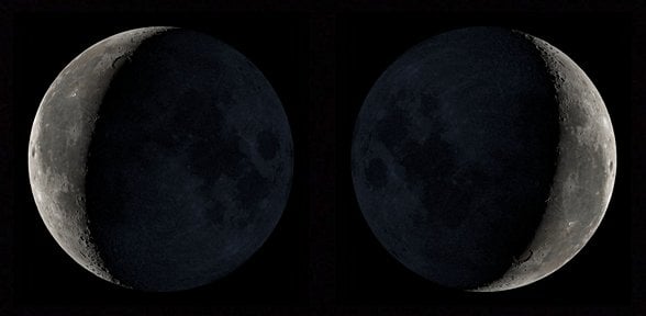 8 Mart 2021'de Kuzey Yarımküre (solda) ve Güney Yarımküre'den (sağda) görüldüğü gibi azalan hilal ayının veri görselleştirmeleri.