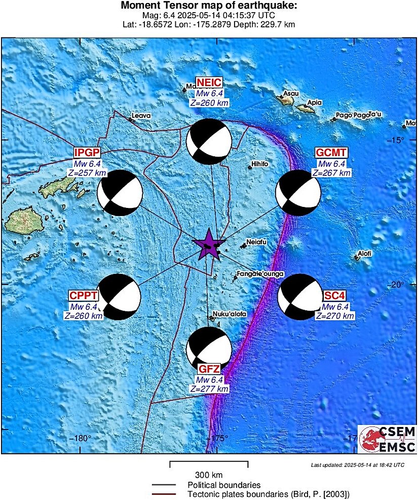 14 Mayıs Neiafu, Tonga depreminin merkez üssü ve fay mekanizması çözümleri.