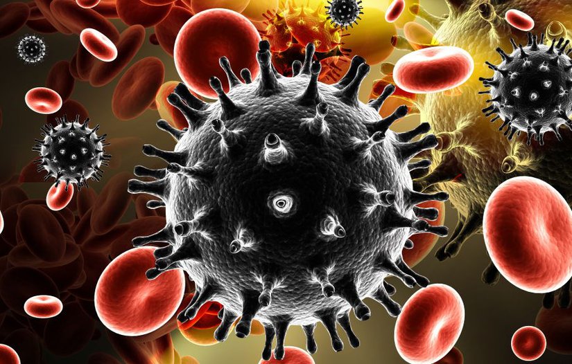 HIV ve eritrositleri (alyuvarları) resmeden bir illüstrasyon.