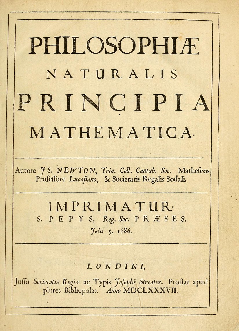 Isaac Newton'un 5 Temmuz 1687  tarihinde yayımladığı "Philosophiæ Naturalis Principia Mathematica" (Tür: "Doğal Felsefenin Matematiksel İlkeleri") kitabının birinci baskısının kapak sayfası.