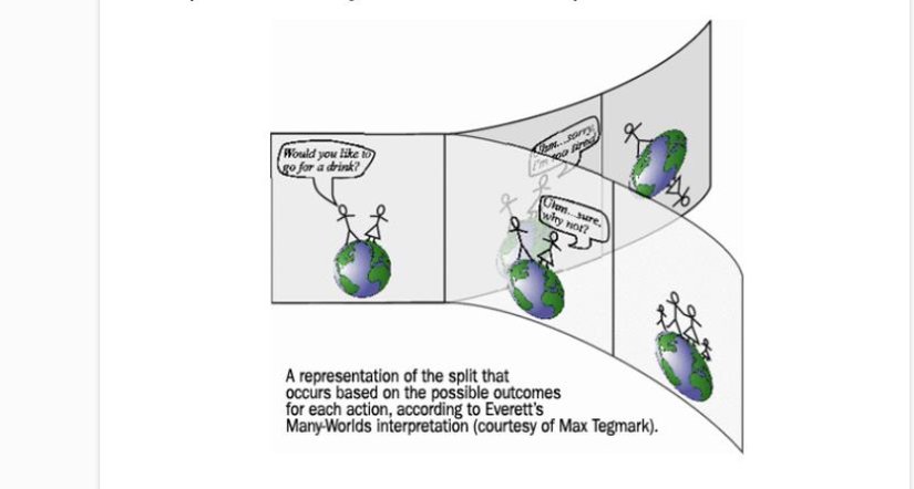 Everett'in "çoklu dünyalar" resminde ölçüm anında olasılıkların her biri kendi dünyasında gerçekleşir. Örneğin Bob, Alice'i romantik bir akşam yemeğine davet eder. Bu varsayıma göre, iki olasılık vardır ve ikisi de farklı dünyalarda aynı anda gerçekleşir: 1- Alice teklifi kabul eder 2- Alice teklifi kabul etmez. Her iki olasılığın da aynı anda farklı dünyalarda gerçekleşen olası sonuçları vardır: Birinde, Alice akşam yemeğine gider ve bunun olası sonucu Alice ve Bob evlenip çoluk çocuğa karışırlar. Diğerinde, akşam yemeği için buluşmazlar ve her ikisi de hayatlarına diğeri olmadan devam eder.