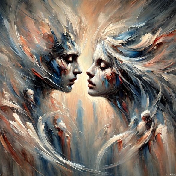 Create me a modern style realistic oil painting of the love between two people who can never come together, they want to merge and become one but the world is preventing them, so they are in agony of separation