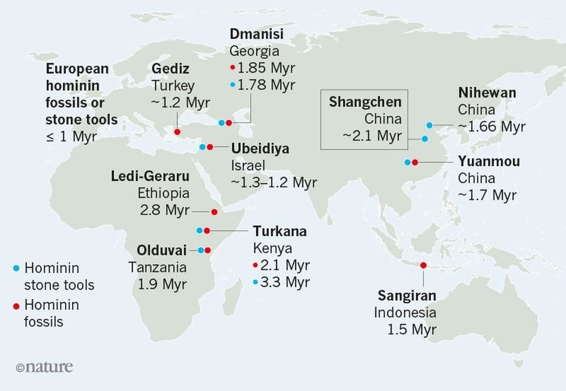En erken buluntuların yerleri ve tarihleri. (Kırmızı noktalar, insan fosillerini; mavi noktalar, taş aletleri simgeliyor.)