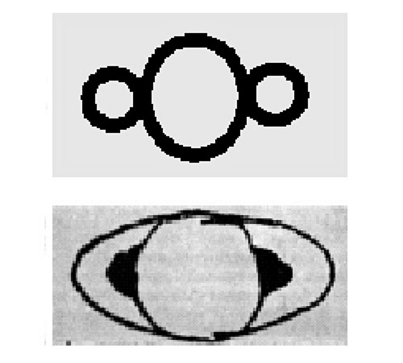 Üstteki çizim: Galileo'nun 1610'daki Satürn çizimi. Alttaki çizim: Galileo'nun 1616'daki Satürn çizimi