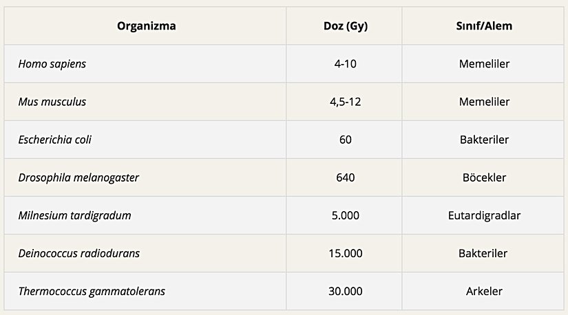 Ölümcül radyasyon dozları.
