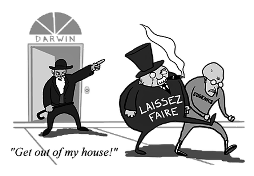 Karikatürde Darwin, kapitalizmi ve öjeniyi simgeleyen unsurları "Evimden defolun!" diyerek kovuyor.