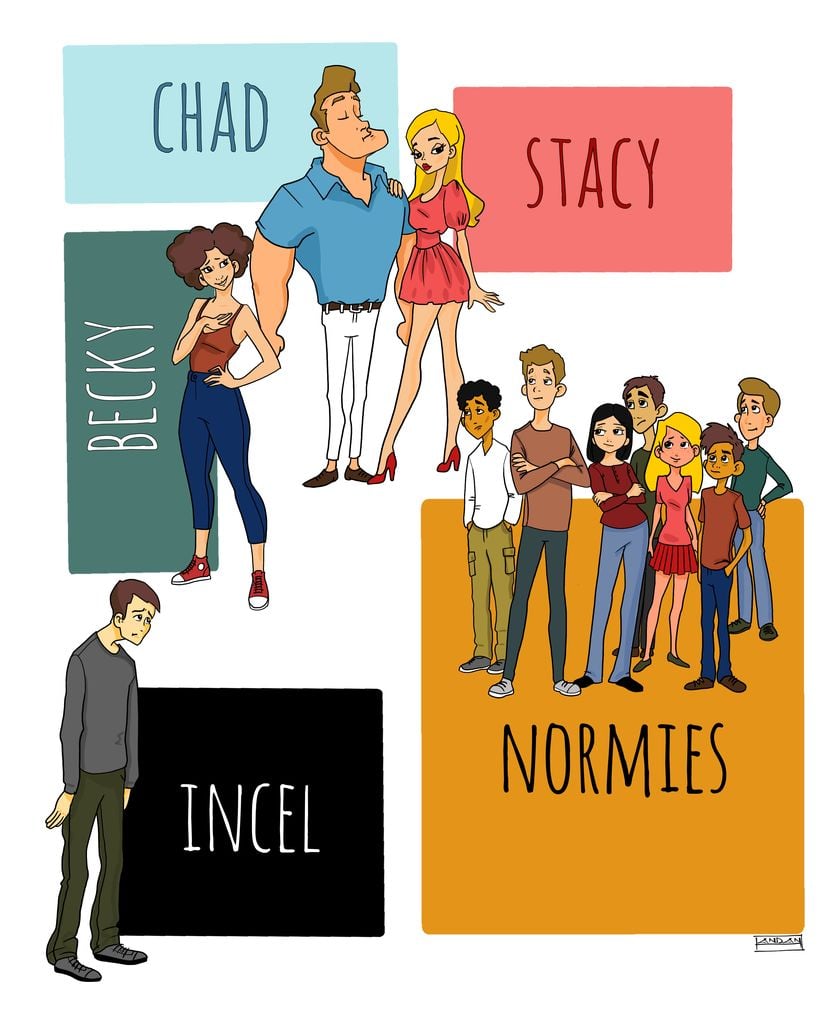 İncel jargonunda bireyler 'Chad', 'Stacy', 'Normies' ve 'Becky' gibi kategorilere ayrılarak etiketlenir