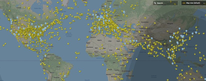 Burada gördüğünüz 1 Ağustos 2019'da anlık uçak trafiğini gösteren bir haritadır.