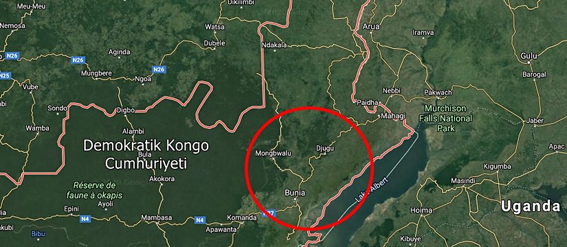 Demokratik Kongo Cumhuriyeti Djugu ve Bunia bölgesi (vakaların bildirildiği köyler bu çevrede).