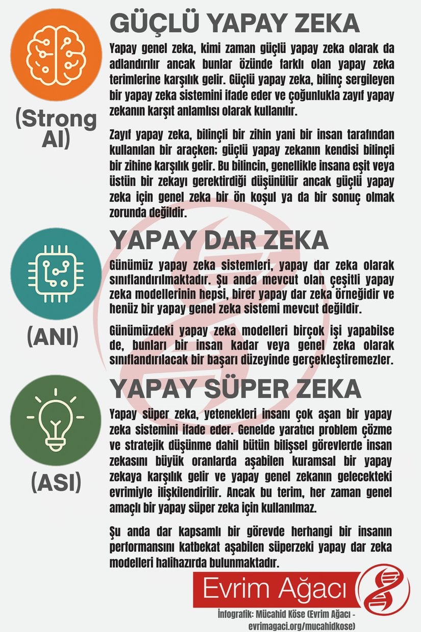 Yapay genel zeka teriminin dışında güçlü yapay zeka, yapay dar zeka ve yapay süper zeka terimlerinin ne anlama geldiğine dair bir infografik.