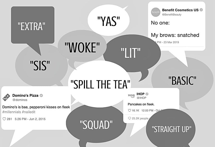 Z jenerasyonu argosu sanılan bazı AAVE yapıları ve büyük şirketlerin dikkat çekmek için sosyal medyada AAVE kullandığı örnekler.