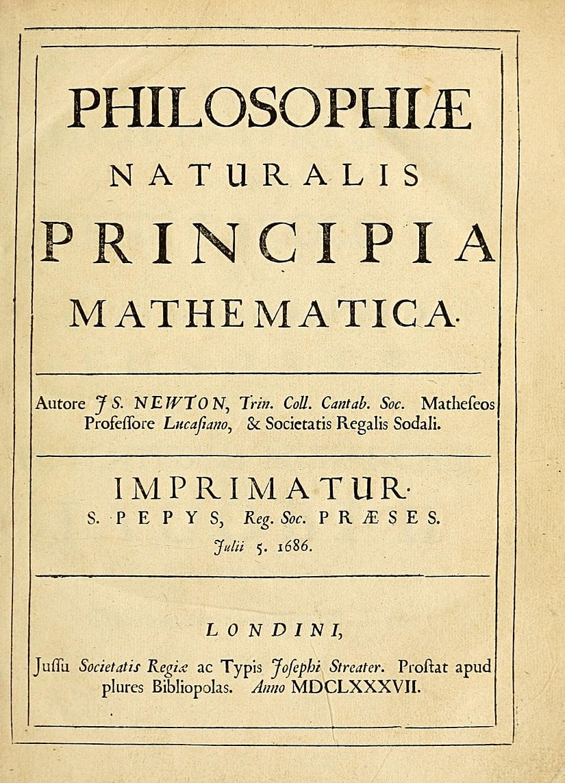 Isaac Newton'un 5 Temmuz 1687  tarihinde yayımladığı "Philosophiæ Naturalis Principia Mathematica" (Tür: "Doğal Felsefenin Matematiksel İlkeleri") kitabının birinci baskısının kapak sayfası.