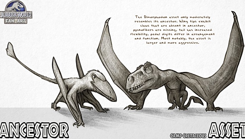 Gerçekçi bir Dimorphodon çizimi (sol) ile Jurassic World'deki Dimorphodon tasarımı (sağ)