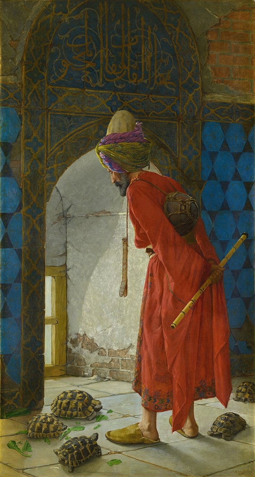 Osman Hamdi Bey, Kaplumbağa Terbiyecisi, 1906. Tuval üzerine yağlıboya. Pera Müzesi, İstanbul. Görsel: Google Art Project/Wikimedia Commons, Public Domain.